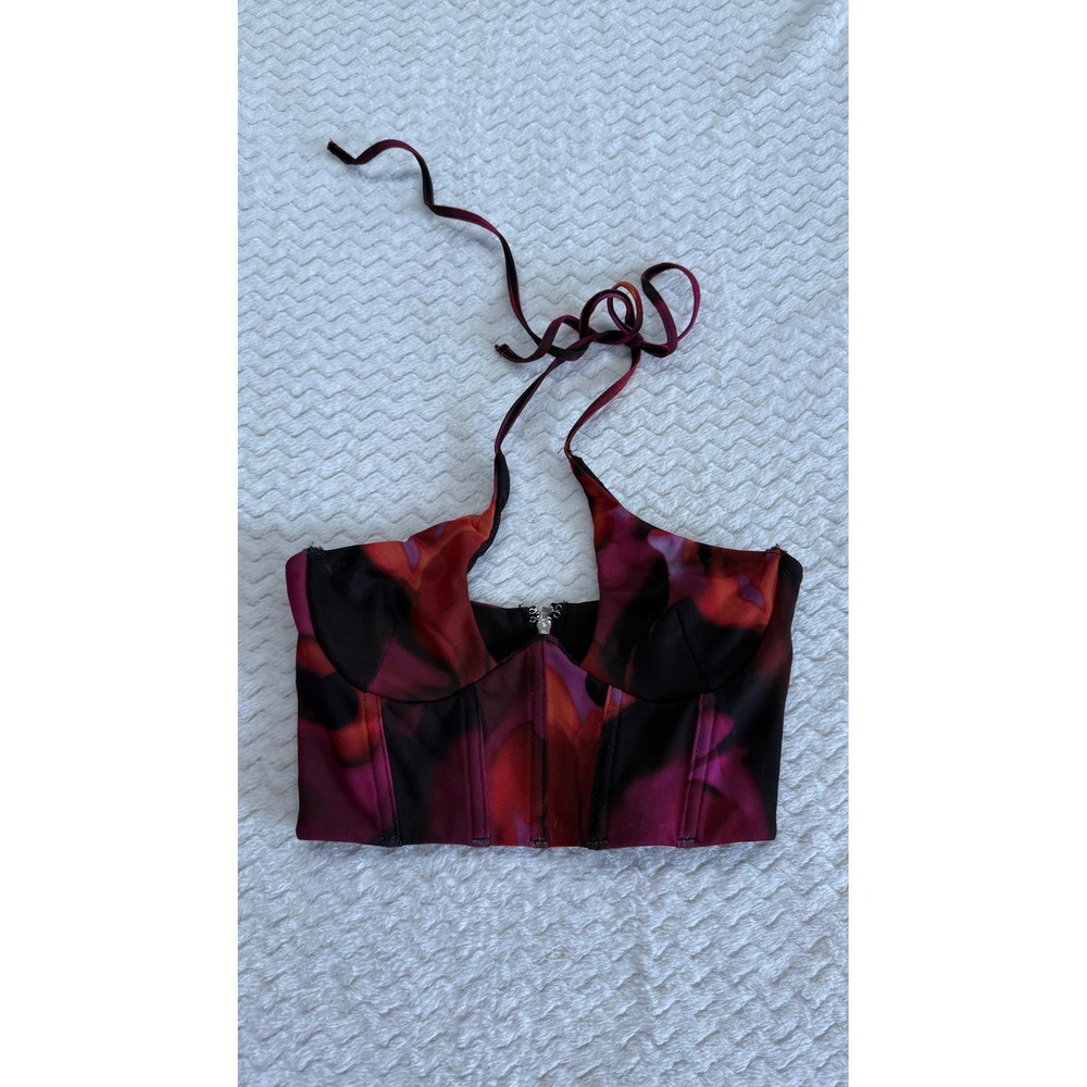 White Fox Red Purple Abstract Floral Mesh Halter Corset Crop Top XS
